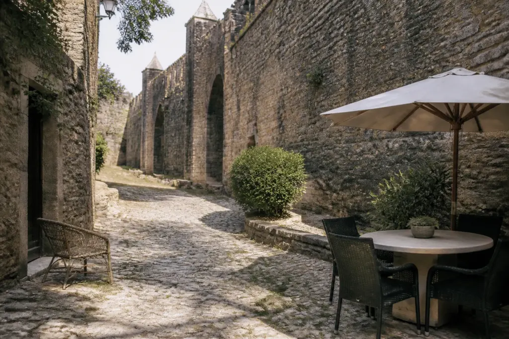 Ruelles pavees avec remparts medievaux et terrasses calmes