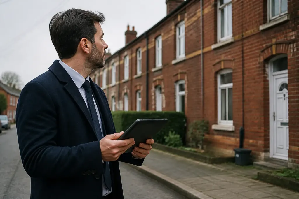 Agent tenant une tablette devant des maisons en brique
