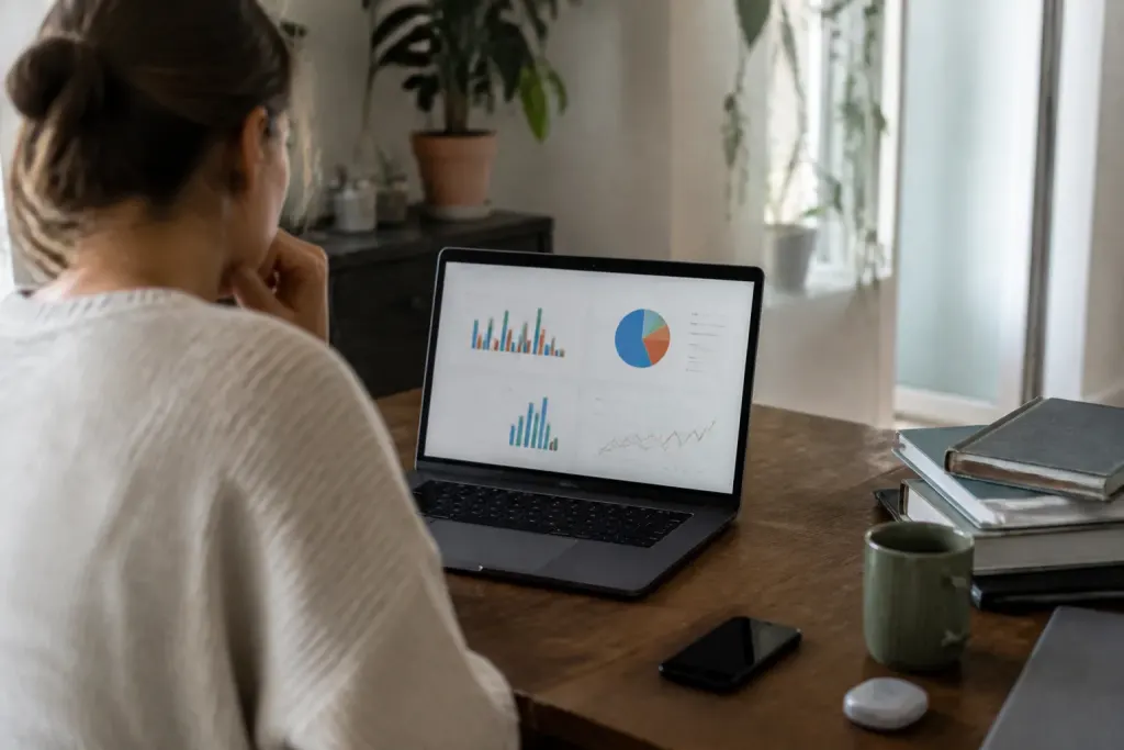 Bureau avec ordinateur portable affichant un tableau de statistiques
