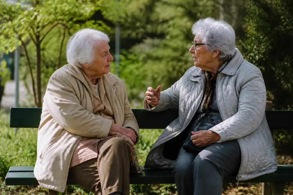 Deux femmes agees discutant assises sur un banc