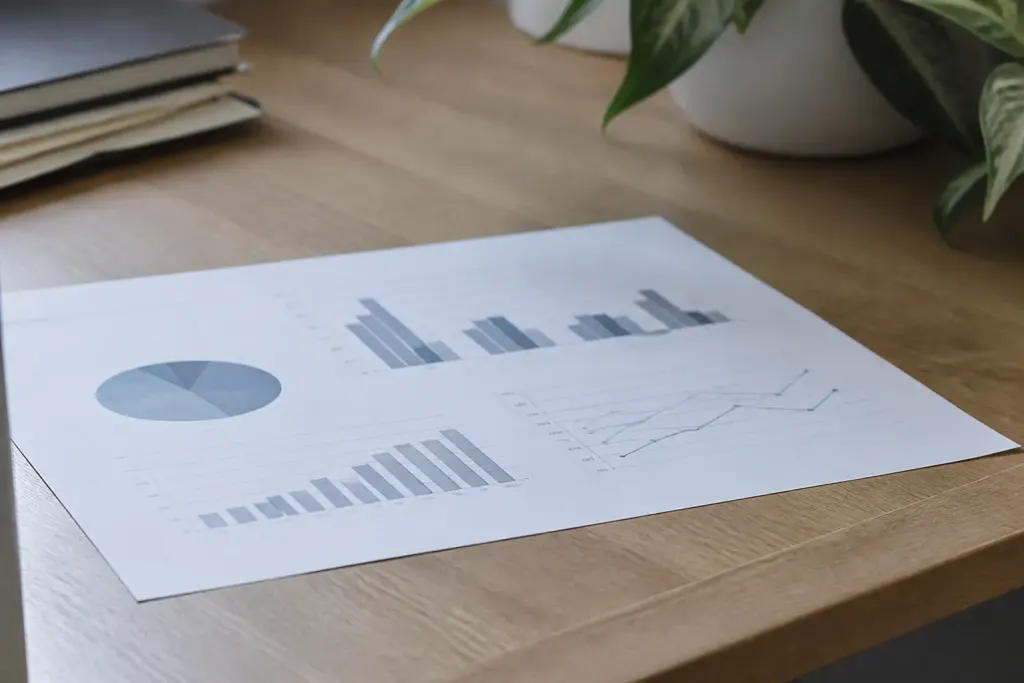 Feuille de statistiques imprimee posee sur bureau en bois