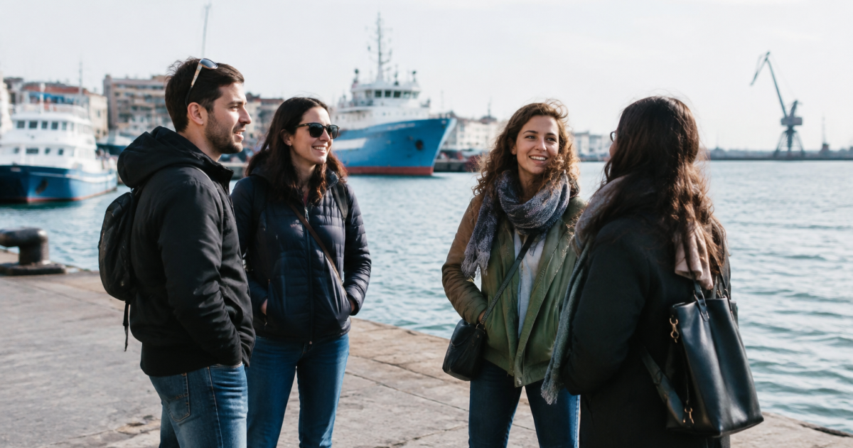 Groupe de gens debout pres du port maritime