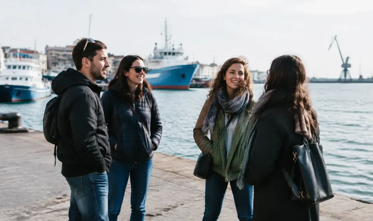 Groupe de gens debout pres du port maritime