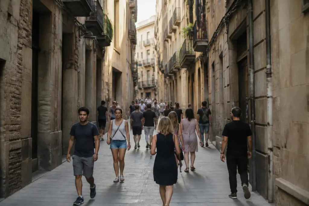 Immeubles serrés le long d'une rue animée avec passants