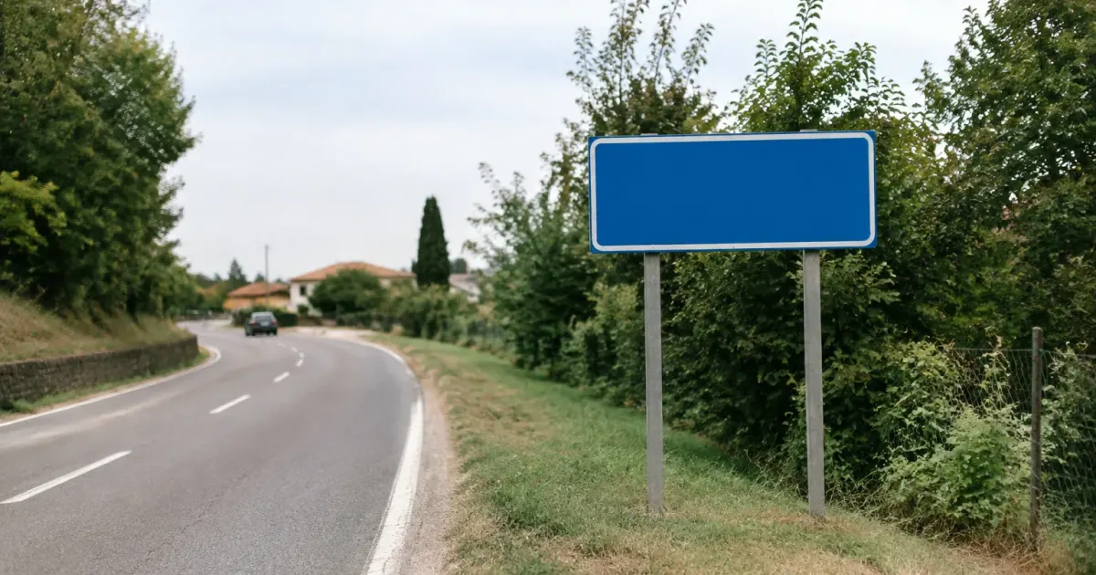 Panneau d'entree de ville avec pancarte bleue sur route