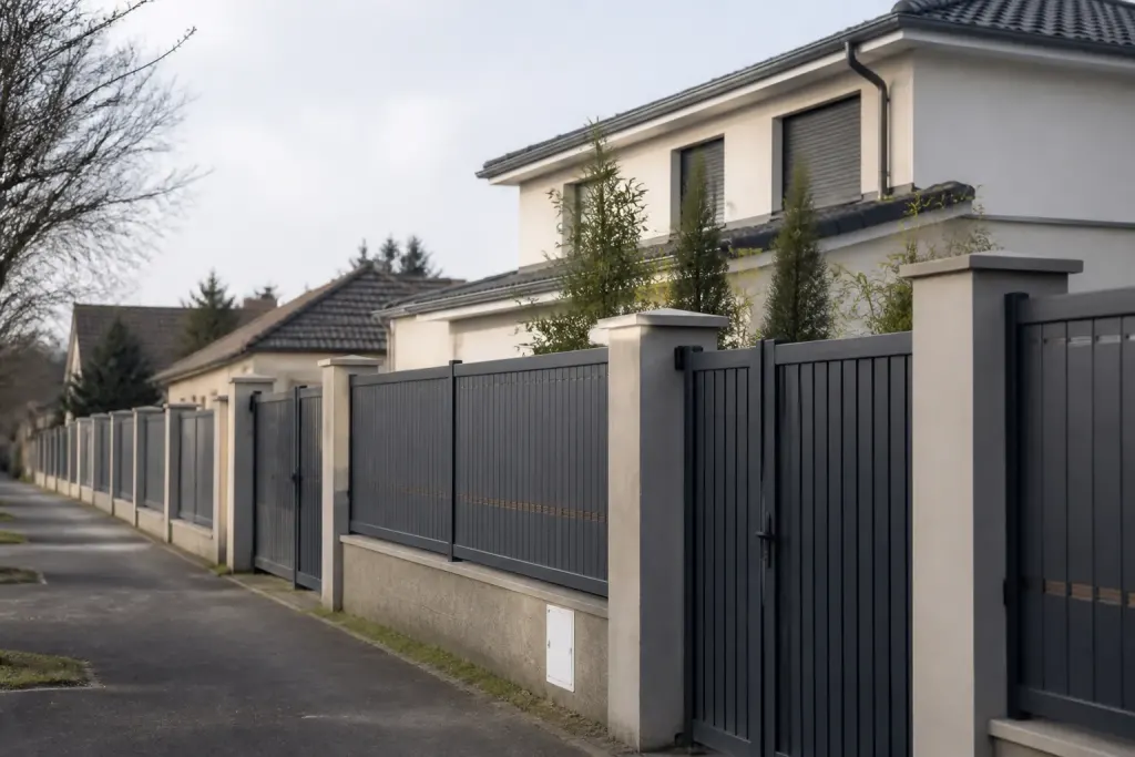 Pavillons residentiels entoures de clotures metalliques fermees