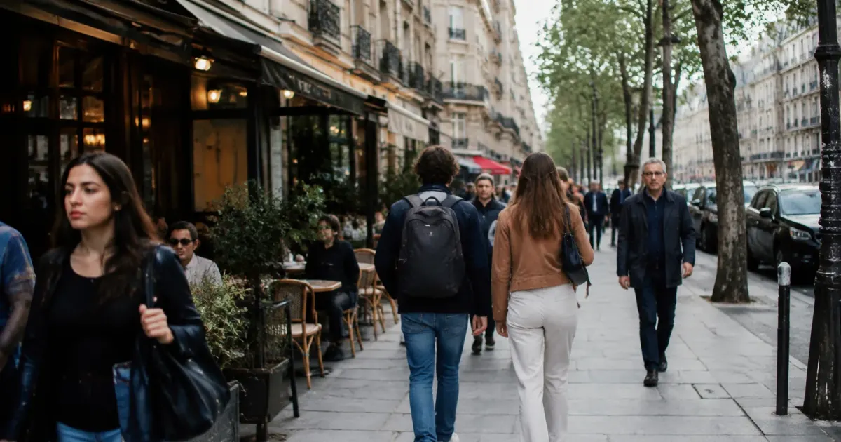 Rue animee avec passants devant immeubles de la ville