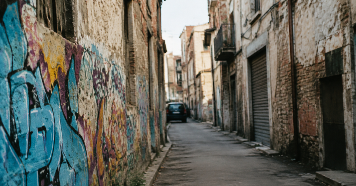 Rue degradee avec murs graffitis et batiments delabres