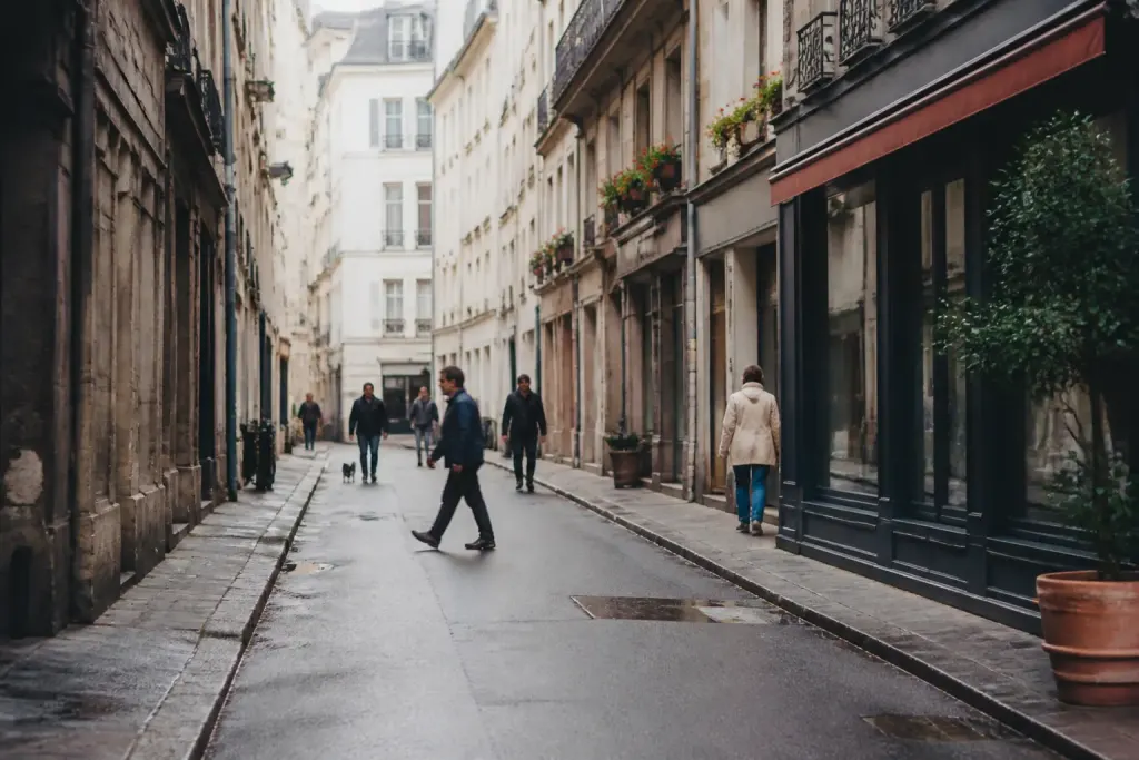 Rue avec immeubles residentiels commerces et passants