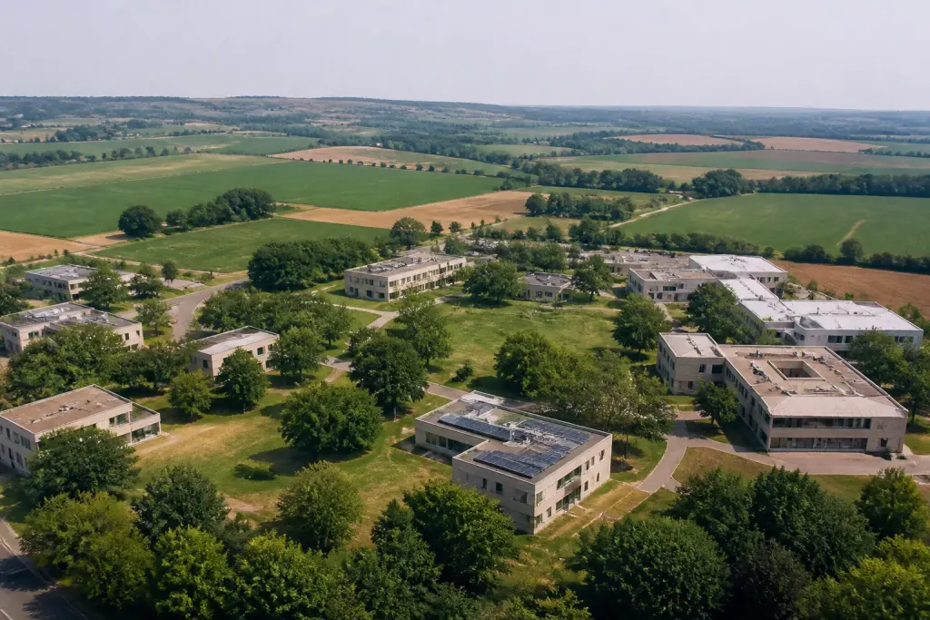 Vue aerienne campus modernes pelouses et champs agricoles